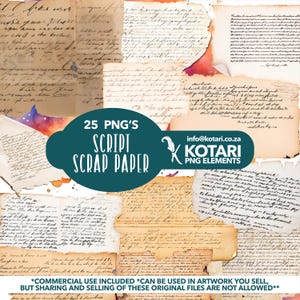 Puede incluir: Una colección de 25 texturas de papel digital con escritura a mano vintage en papel envejecido y rasgado. Los papeles tienen un aspecto desgastado y descolorido con tonos marrones y crema. El texto dice "25 PNG'S SCRIPT SCRAP PAPER info@kotari.co.za KOTARI PNG ELEMENTS *COMMERCIAL USE INCLUDED *CAN BE USED IN ARTWORK YOU SELL, BUT SHARING AND SELLING OF THESE ORIGINAL FILES ARE NOT ALLOWED**"