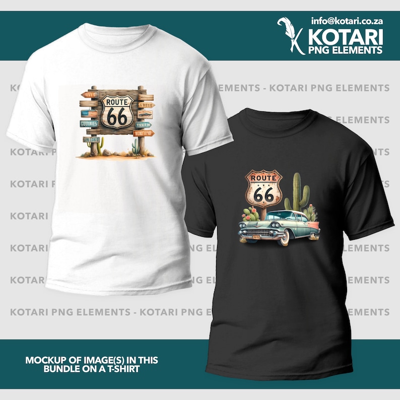 May include: Two t-shirts with different designs featuring Route 66 imagery. The first t-shirt is white with a wooden signpost with a Route 66 sign and other signs pointing in different directions. The second t-shirt is black with a vintage car driving down a desert road with a Route 66 sign and cacti.