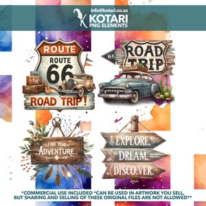 May include: Four vintage-style road trip signs with watercolor backgrounds. The signs feature the text "Route 66", "Road Trip", "Find Your Adventure", and "Explore, Dream, Discover".