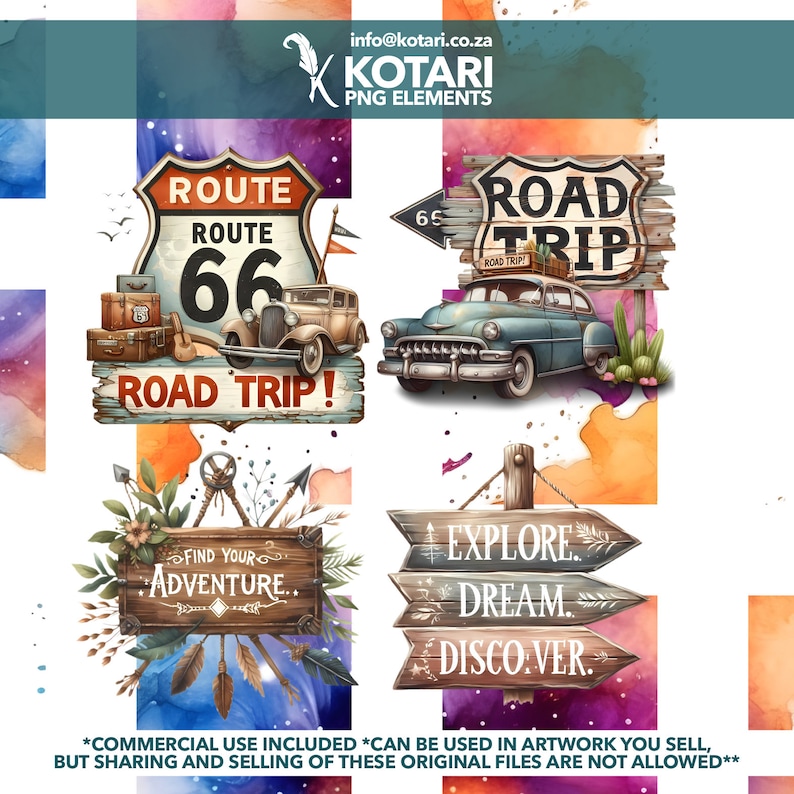 May include: Four vintage-style road trip signs with watercolor backgrounds. The signs feature the text "Route 66", "Road Trip", "Find Your Adventure", and "Explore, Dream, Discover".