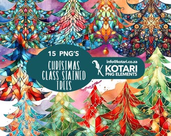 May include: A selection of stained glass Christmas tree designs in various colours. The trees have detailed patterns and include shades of red, green, blue, and gold. The image includes the text "15 PNG'S CHRISTMAS CLASS STAINED TREES".