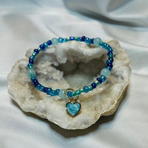 Blue Seed Bead Bracelet with Heart Charm