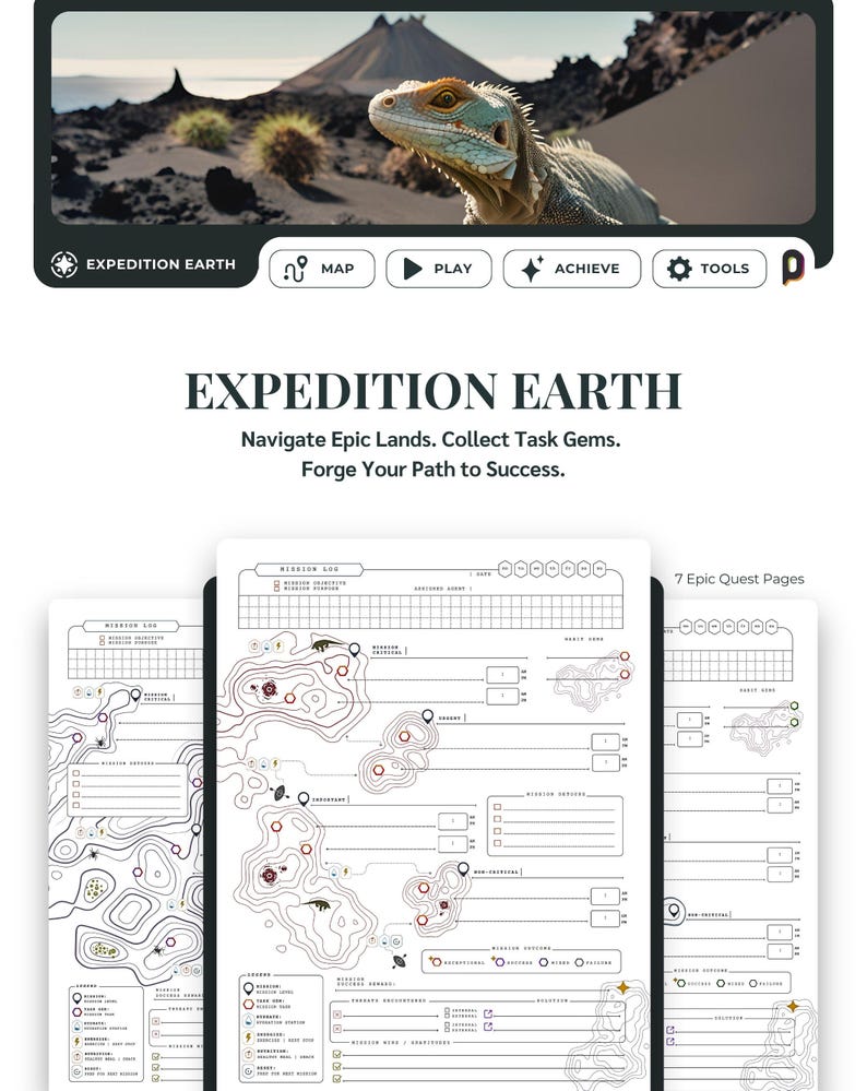 Expedition Earth gamified daily planning page template inserts. Printable daily planning quests.