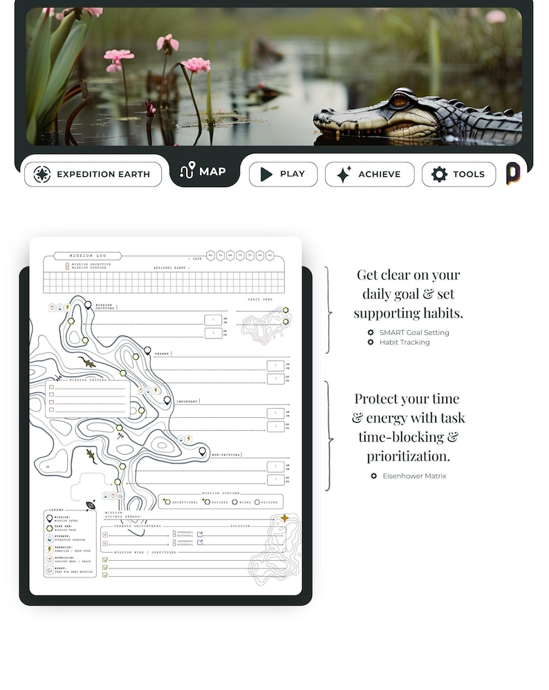 Gamified daily quest planner page. Smart goal setting, Habit Tracking and Eisenhower Matrix productivity methods built-in.