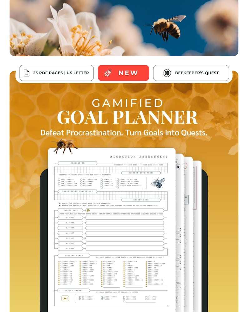 Bee / Beekeeper-themed gamified goal planner. Honeycomb background. Gradient Yellow and Gold.