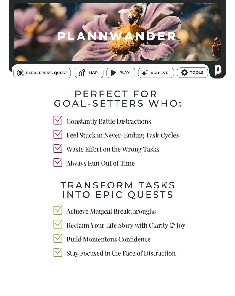 Puede incluir: Gr&aacute;fico digital con el texto "PLANNWANDER" sobre un fondo floral borroso. La imagen incluye el texto "PERFECT FOR GOAL-SETTERS WHO:" seguido de una lista de desaf&iacute;os y "TRANSFORM TASKS INTO EPIC QUESTS" con una lista de beneficios.