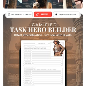 May include: A printable task hero builder worksheet with a gamified approach to goal setting. The worksheet features a hero profile section with fields for identifying information, personal values, and background. The worksheet is designed to help users turn goals into quests and defeat procrastination.