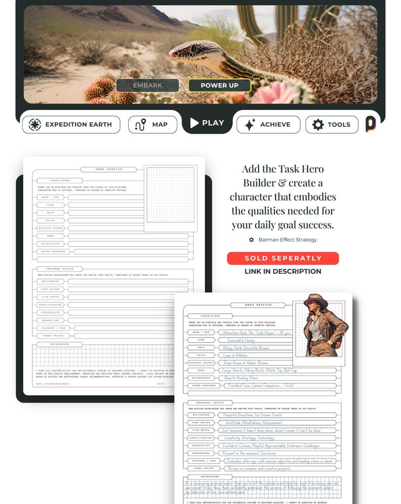Alter ego task hero builder printable worksheet template sold separately as a productivity tool add-on—link to add-on item in the listing description.