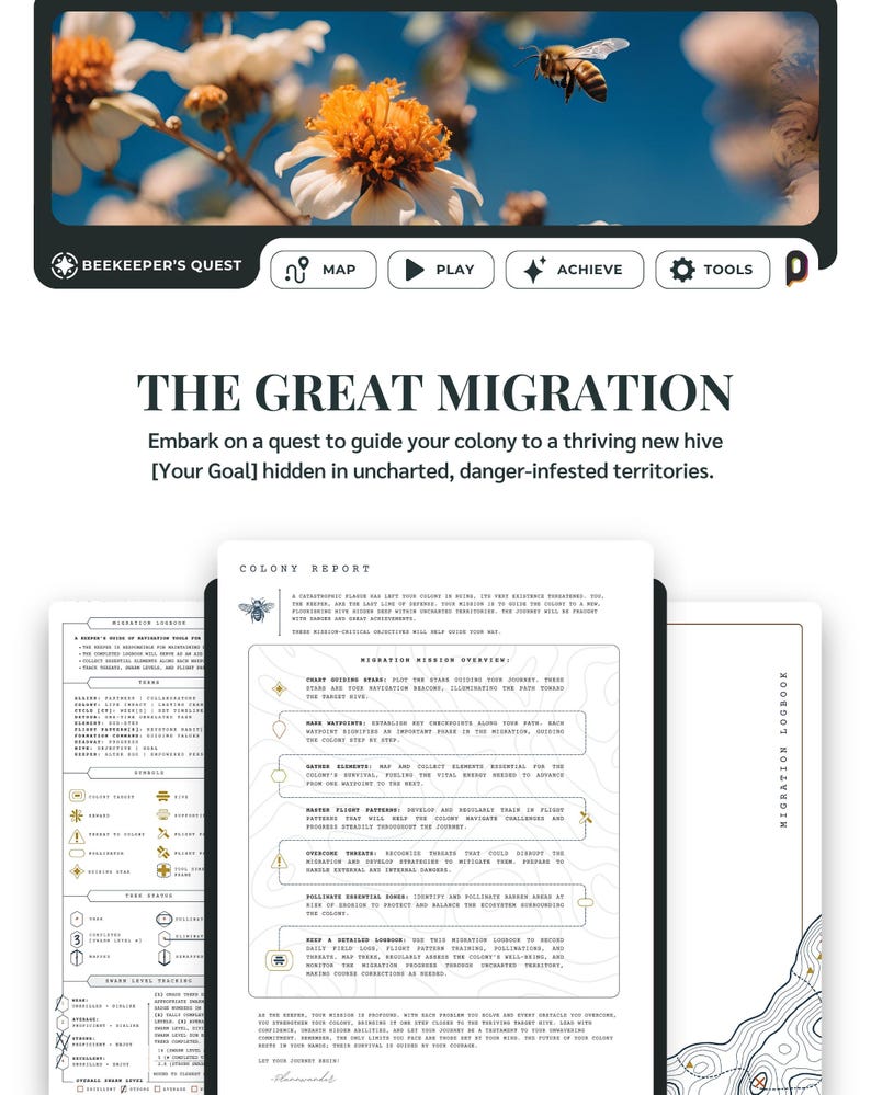 Bee / Beekeeper-themed goal Planner Story Pages. Colony Report, Colony Migration Logbook Cover Page, Logbook Legend.