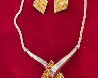Vintage Crown Trifari Amber Lozenge Rhinestone Choker Necklace and earrings Goldtone