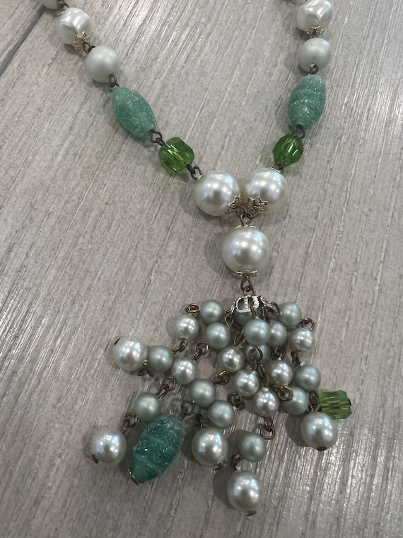 Vintage White Plastic + Green Glass Lariat Neckla… - image 2