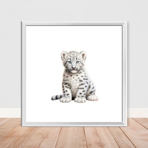 May include: A white snow leopard cub with black spots sits on a white background. The cub has a white face with black spots around its eyes and a black nose.