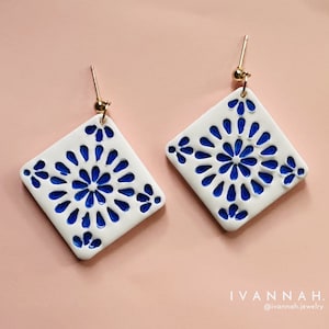 Heraklion handmade polymer earrings, Greek blue & white collection, unique statement earrings, affordable luxury, the perfect gift