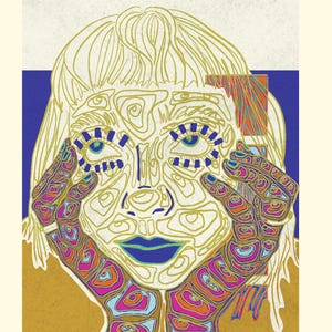 May include: A colorful illustration of a person with their hands covering their face. The illustration is in a psychedelic style with a yellow, blue, pink, and orange color scheme. The title "Drawing a Deep Breath: A Collaborative Sketchbook" is at the top of the image. The text "By Sydney Kaiser" is at the bottom of the image.