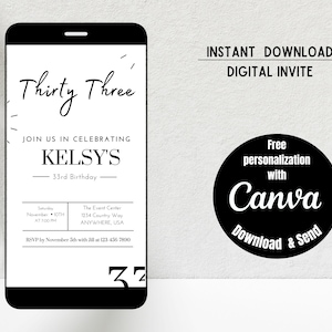 Digital Birthday Party Invitation, Electronic Phone Text Evite, Black White Evite, Classic Modern Evite, Editable Template, Instant Download