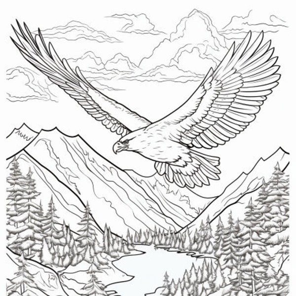 Majestic Mountain Peaks: Coloring Page with Soaring Eagle