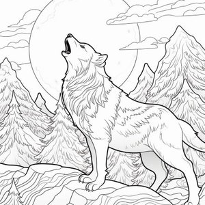 May include: A black and white line drawing of a wolf howling at the moon. The wolf is standing on a mountaintop with trees and mountains in the background.