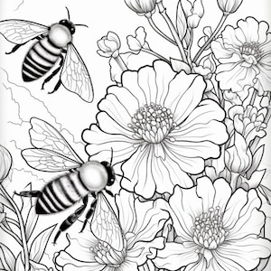May include: A black and white line drawing of two bees flying near white flowers. The flowers have multiple petals and are in full bloom. The bees have striped bodies and wings.