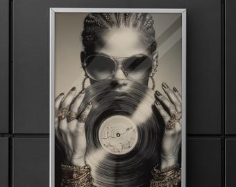 Black Girl Vinyl Digital Art, Vinyl Record Art, DJ Decor, Black Culture Art, Record Player Poster, Melanin Motivation, Maximalist Art Print