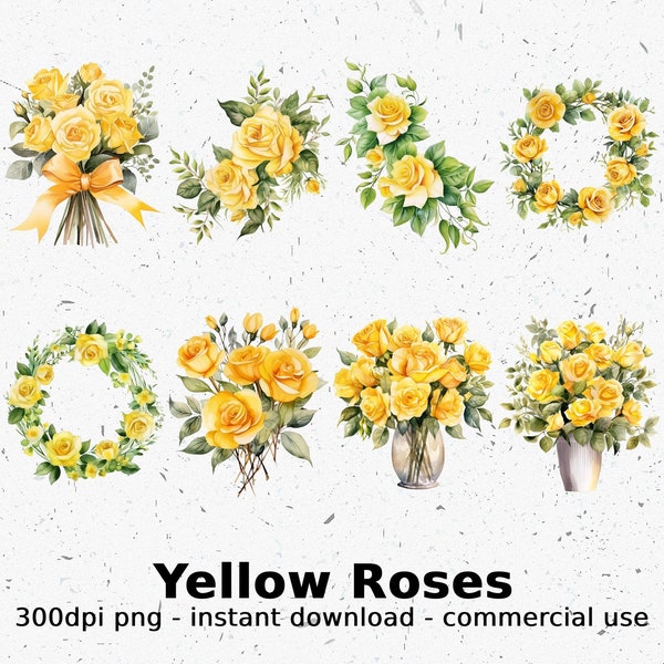 Yellow Roses Clipart PNG, Watercolor Clip art Bundle, Digital Print Printable Transparent, Instant Download Commercial Use