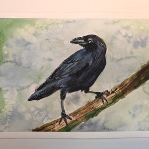 Original painting watercolor raven on tree trunk