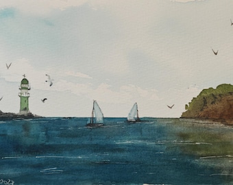Green Lighthouse - Calm Sea - Original Watercolor and Mixed Media