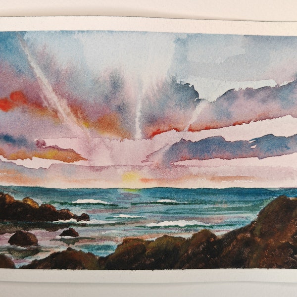 Original Bild Aquarell /Watercolor Meer bei Sonnenuntergang