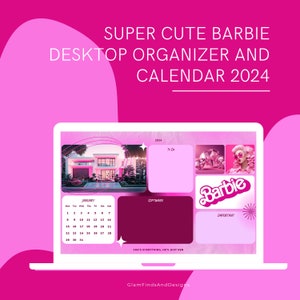 May include: A pink and white laptop computer screen displaying a digital desktop organizer and calendar for the year 2024. The calendar is for January and features a pink and white Barbie theme. The desktop organizer includes sections for "To Do", "Software", "Important", and "She's Everything, He's Just Ken".