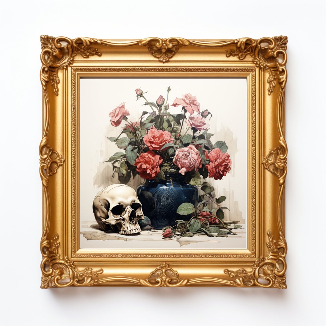 Vintage Gothic Wall Art, Skull With Flowers Dark Academia Downloadable