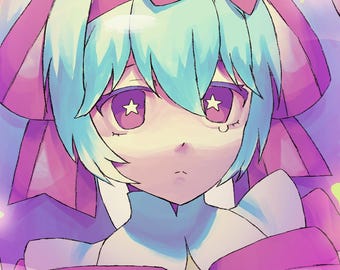 May include: A digital illustration of a character with light blue hair, wearing a large pink bow on their head and a pink garment with a star-shaped accent. The character has purple eyes with star-shaped pupils, surrounded by floating yellow stars.