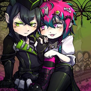 Op de afbeelding: Een anime-stijl illustratie van twee personages. Eén heeft zwart haar met groene accenten, gekleed in een zwarte outfit met groene details. De ander heeft roze en blauw haar, gekleed in een wit shirt en een zwarte outfit. Ze houden elkaars handen vast.