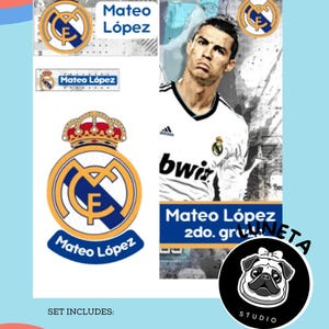 May include: A set of labels featuring the Real Madrid logo and the name "Mateo L&oacute;pez." The design includes a portrait of a soccer player and a pug logo. The set includes labels in various sizes.
