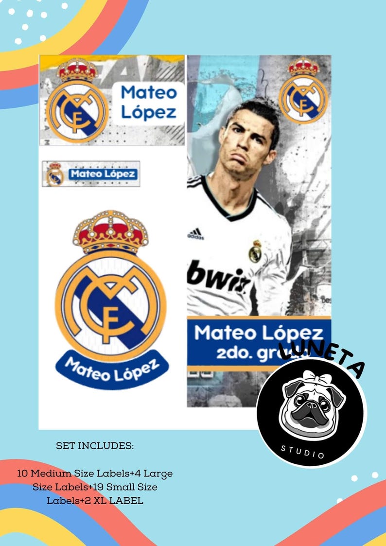 May include: A set of labels featuring the Real Madrid logo and the name "Mateo L&oacute;pez." The design includes a portrait of a soccer player and a pug logo. The set includes labels in various sizes.