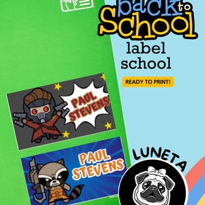 May include: Back to school labels with cartoon characters and the text "Paul Stevens". The design includes a green background with the words "back to school" and "label school". The Luneta Studio logo is also visible.