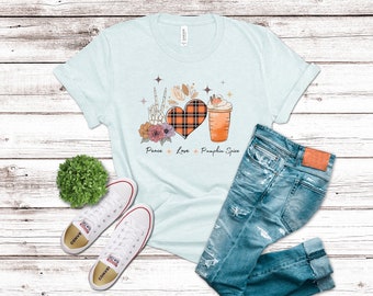 Peace Love Pumpkin Spice shirt, funny Fall Shirt, Coffee Lover Tee, Pumpkin Latte Tshirt, Shirt with heart, peace sign, fall season svg