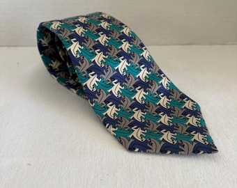 Corbata de seda con estampado de lagartos MC Escher de The Boxelder Company, color azul verdoso, 1989, EE. UU.