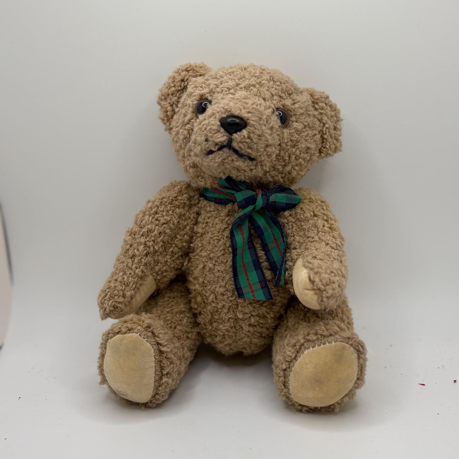Classic Teddy Bear Plush Toy Green Plaid Ribbon Accent Soft Cuddle