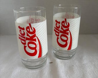 Vintage Diet Coke Glass Set of 2 Red White Logo 1980s Soda Advertising Tumblers