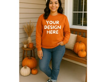 Mockup Gildan 18000-sweater herfst | Oranje lifestyle-mockup met ronde hals | Verandamodel shirtmodel voor print on demand
