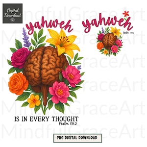 Christliches PNG - Yahweh Floral Gehirn Sublimationsdesign, auf Glauben basierendes Clipart für psychische Gesundheit, Bibel Vers Shirt PNG, Name Gottes