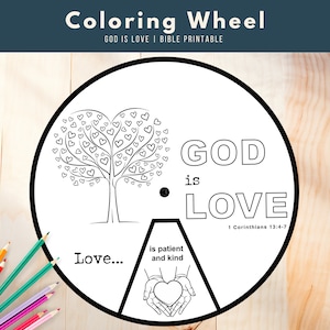 God is Love Bible Coloring Wheel, Bible Lesson Kids, 1 Corinthians 13, Sunday School Printable Activity, Color Wheel