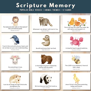 Paquete de 12 versículos bíblicos para memorizar para niños, tarjetas imprimibles de las Escrituras, tarjetas de acuarela