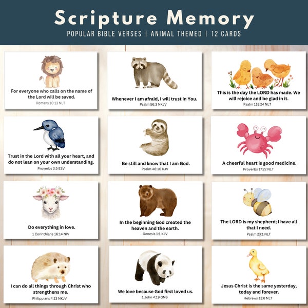 Kids Bible Memory Verses 12 Pack, Printable Scripture Cards, Watercolor Scripture Cards