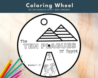 May include: Black and white coloring page featuring a wheel with the ten plagues of Egypt. The wheel is divided into sections, each with a number and a plague name. The center of the wheel features a sun and two pyramids. The text "The Ten Plagues of Egypt" is written at the top of the wheel.