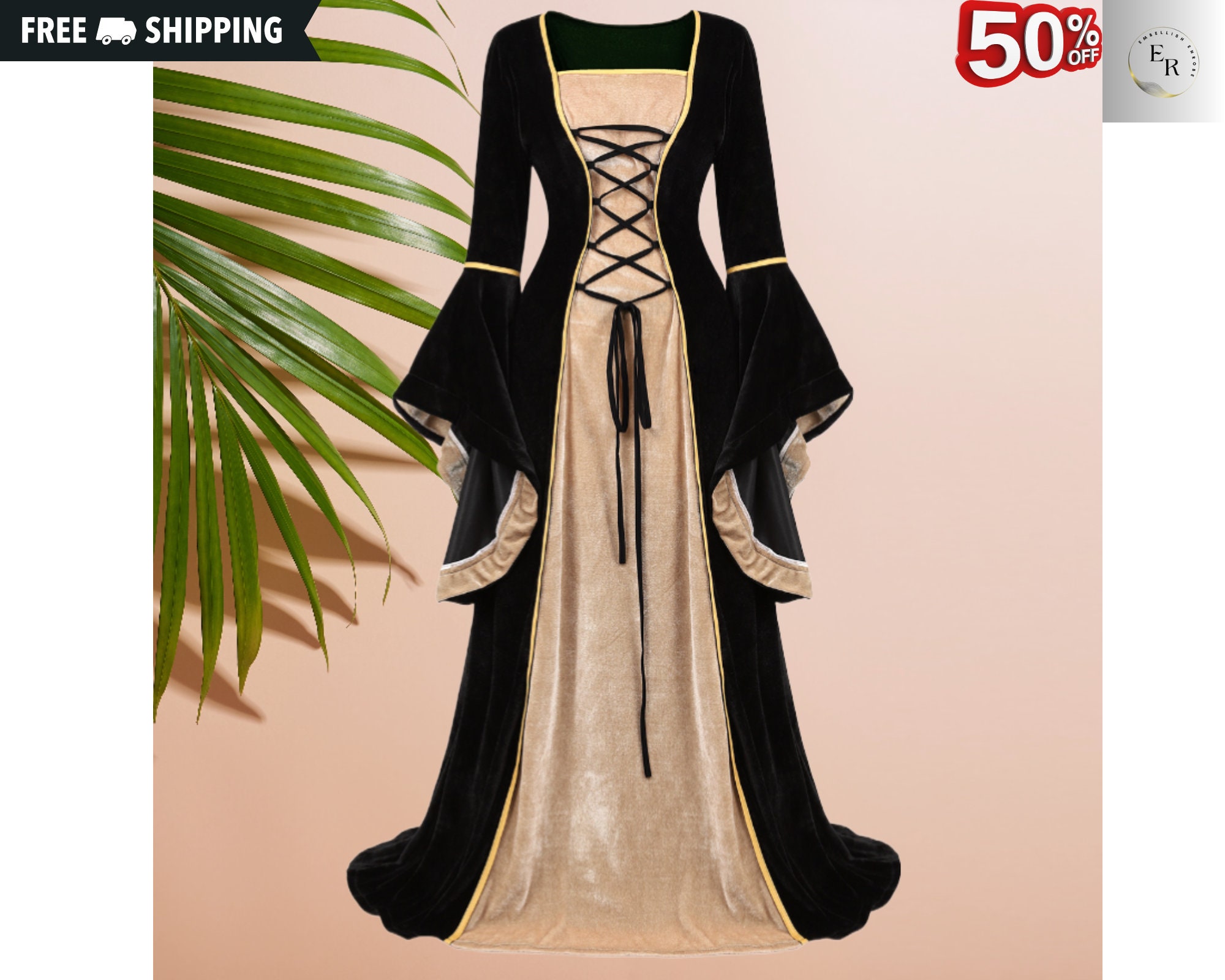 QNIHDRIZ Long Renaissance Dresses for Women Medieval Peasant Costume Flare  Sleeve Dress with Corset Vintage Ball Gown Coffee : : Clothing,  Shoes & Accessories
