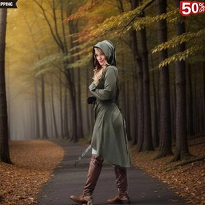 Womens Medieval Renaissance Dress| Archer Costume Hooded Cloak Renaissance Fair Wizard Cloak Hoodie Dress Viking Cosplay Costume