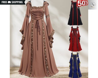 Robe gothique médiévale de sorcière | Robe Renaissance victorienne équitable, robe taille empire noble, robe longue à capuche et manches cloche, vêtements médiévaux