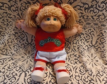 Cabbage Patch Kid  ~ 1982 Coleco ~ Blonde Curly Yarn Hair with  Ponytails ~ Blue Eyes ~ Factory Code OK