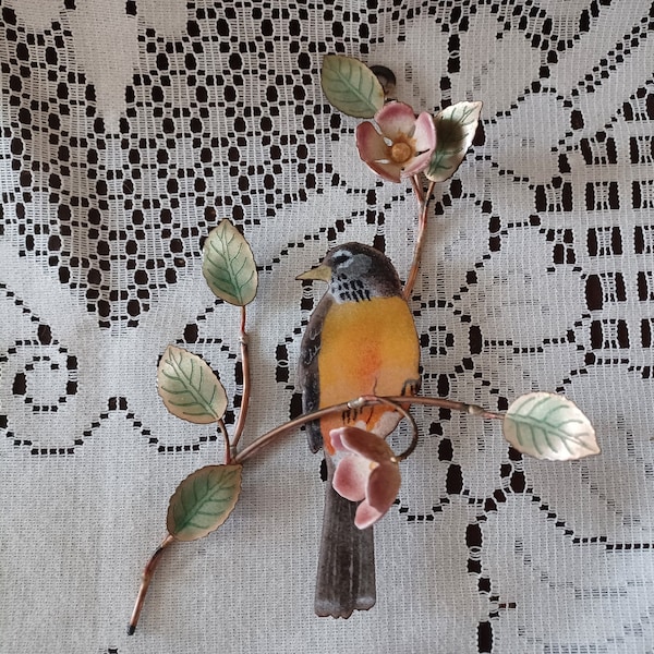 Bovano of Cheshire Copper and Enamel Robin on Branch with Pink Flowers Sculpture