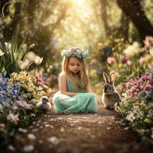 May include: A young girl wearing a flower crown sits in a field of flowers with a rabbit and a small bird. The girl is wearing a light green dress and the rabbit is brown and white. The background is a blurry forest with sunlight shining through the trees.